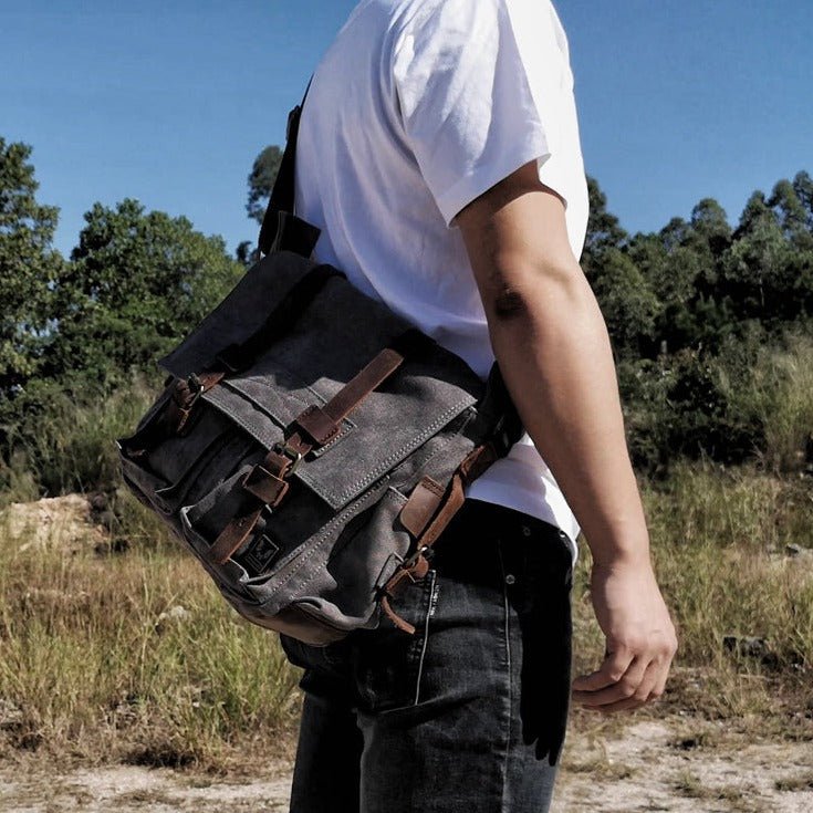 Gearonic Men's Vintage Canvas Leather Satchel School Military Messenger Shoulder Bag Travel Bag - Green