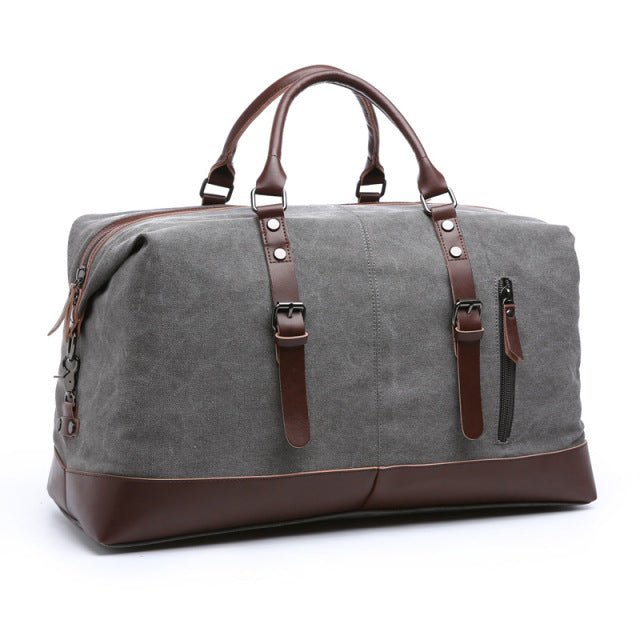 Leather and Canvas Overnight Travel Bag, Gray