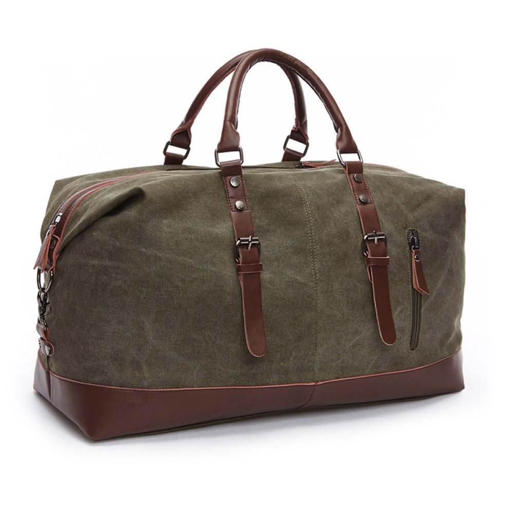 Leather and Canvas Overnight Travel Bag, Army Green Leather and Canvas Overnight Travel Bag, Army Green