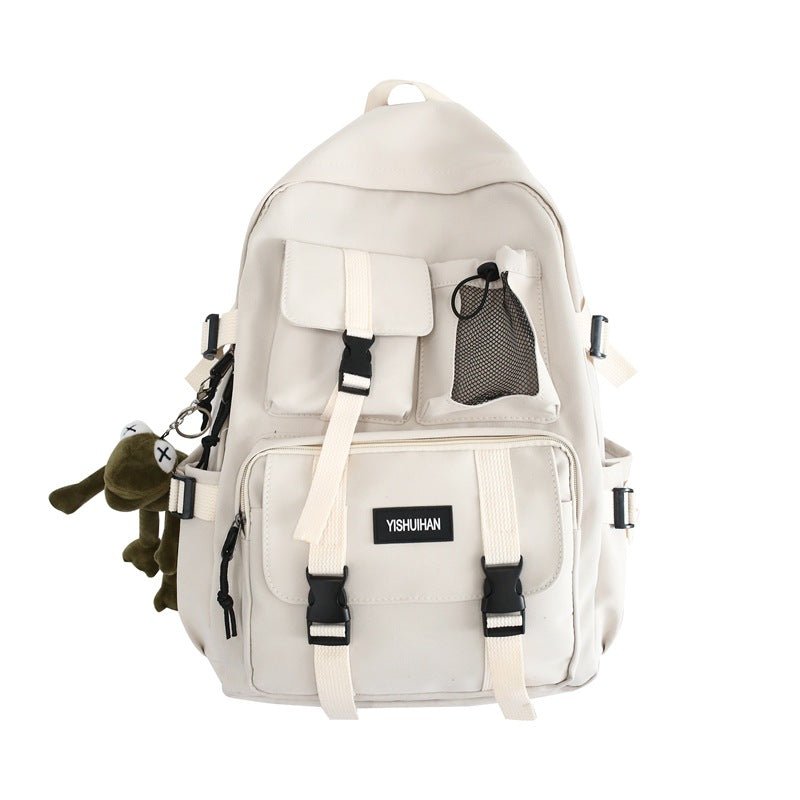 Triple-Pocket Waterproof School Backpack, White / With frog pendant