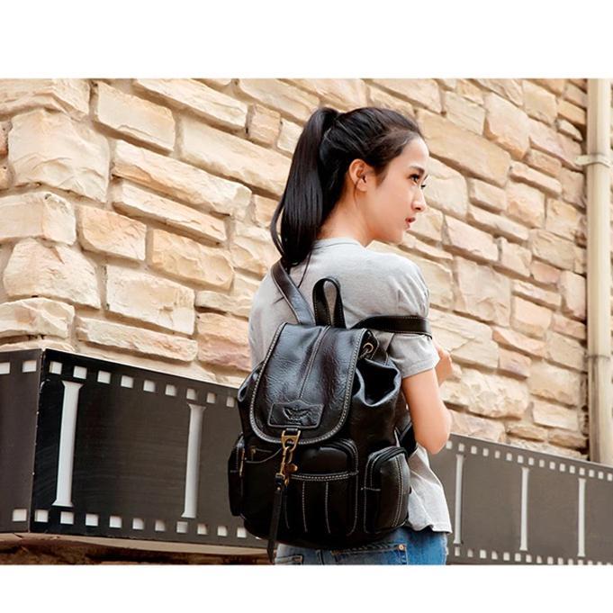 womens black leather backpack